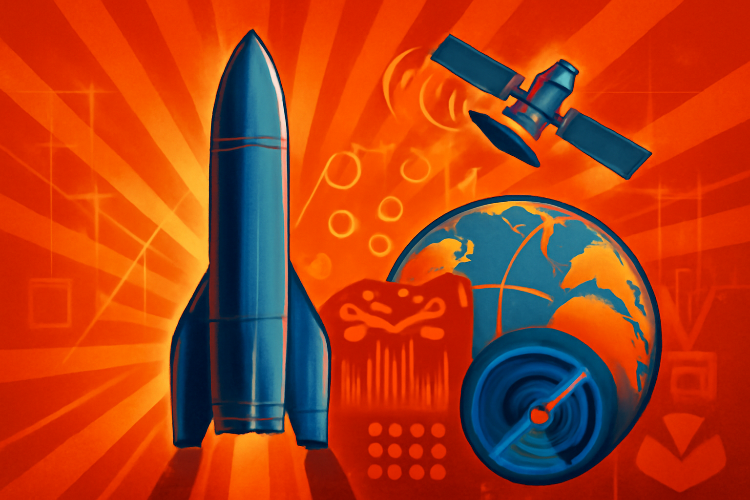 A futuristic satellite constellation and a space-launch vehicle orbiting Earth, representing advanced aerospace and AI technology.