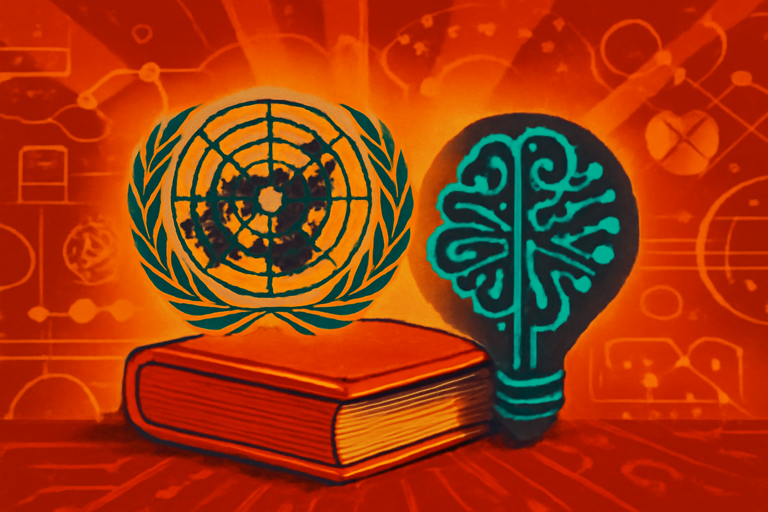 A United Nations briefing room featuring a podium and a large digital screen showing blue and white abstract artificial intelligence neural networks.