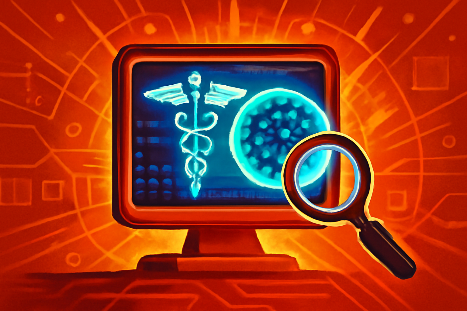 A digital medical interface showing a molecular analysis of a tumor cell, representing AI-driven cancer research.