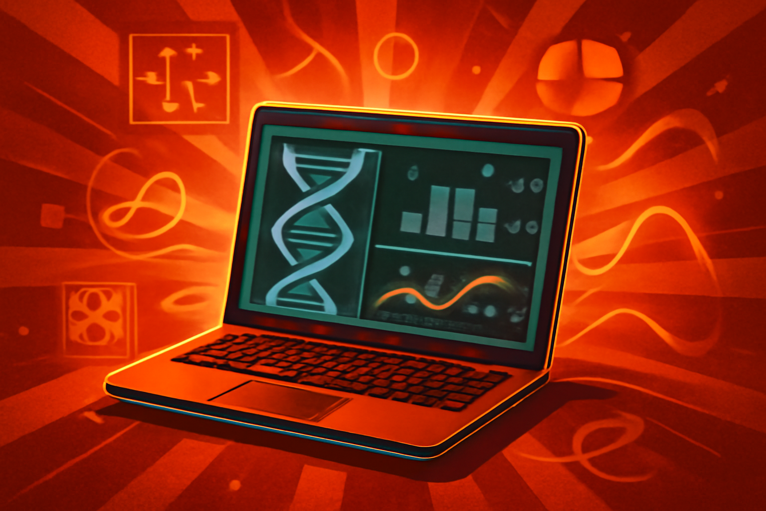 A digital interface displaying molecular structures and data analytics in a modern laboratory setting.
