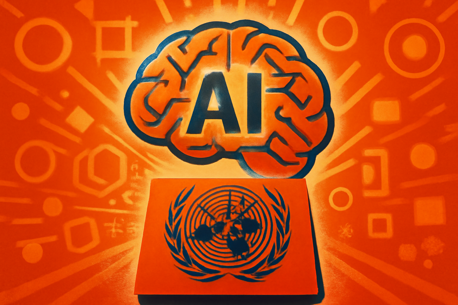 A professional news photo showing a Geneva conference room with a digital AI network visualization layered over a podium with the UN logo.