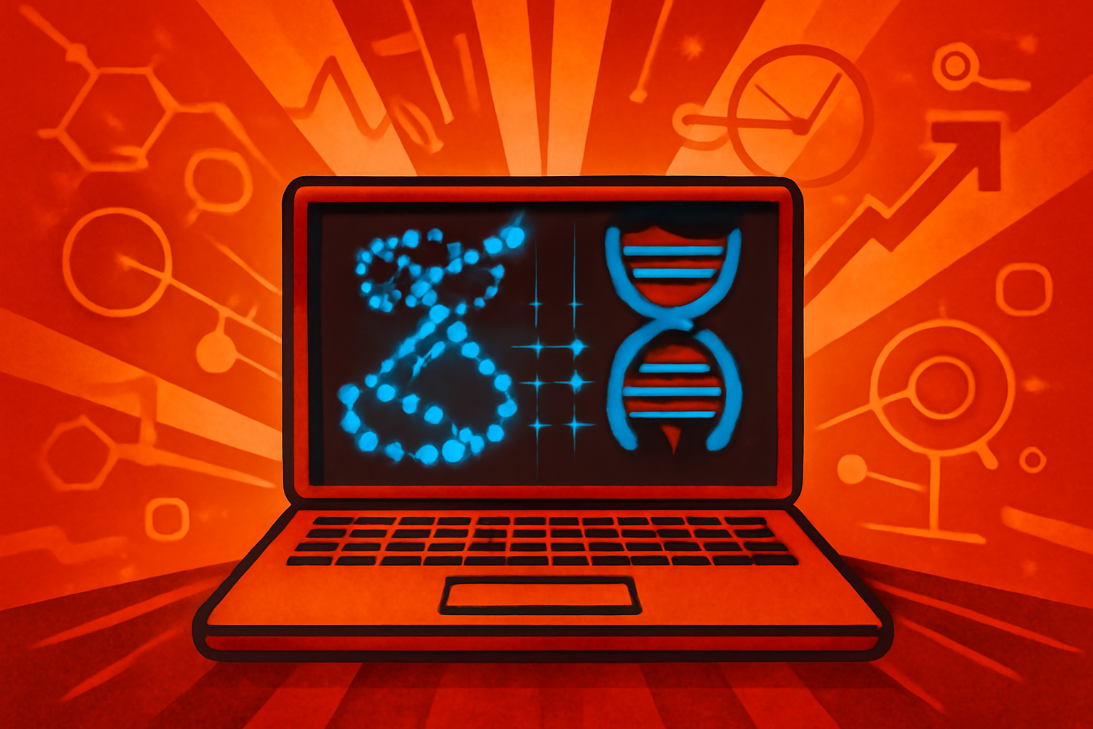 A scientist views a digital 3D protein model and genomic data charts on a transparent screen in a modern laboratory setting.
