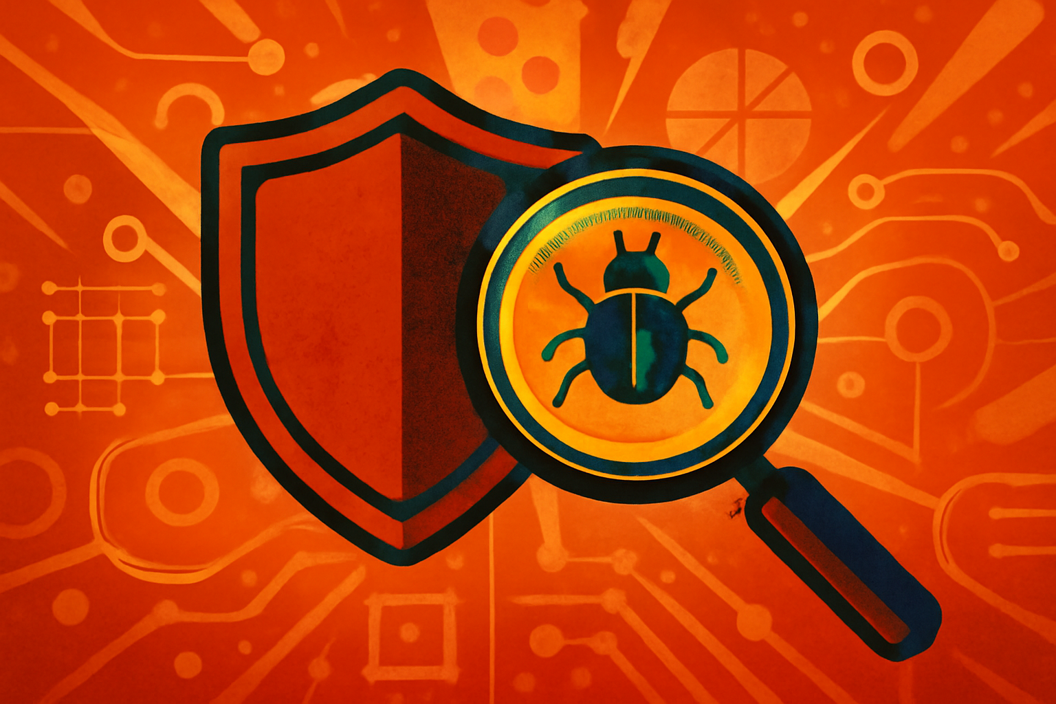 A digital illustration featuring a security shield and magnifying glass over computer code, representing an AI cybersecurity bug bounty program.