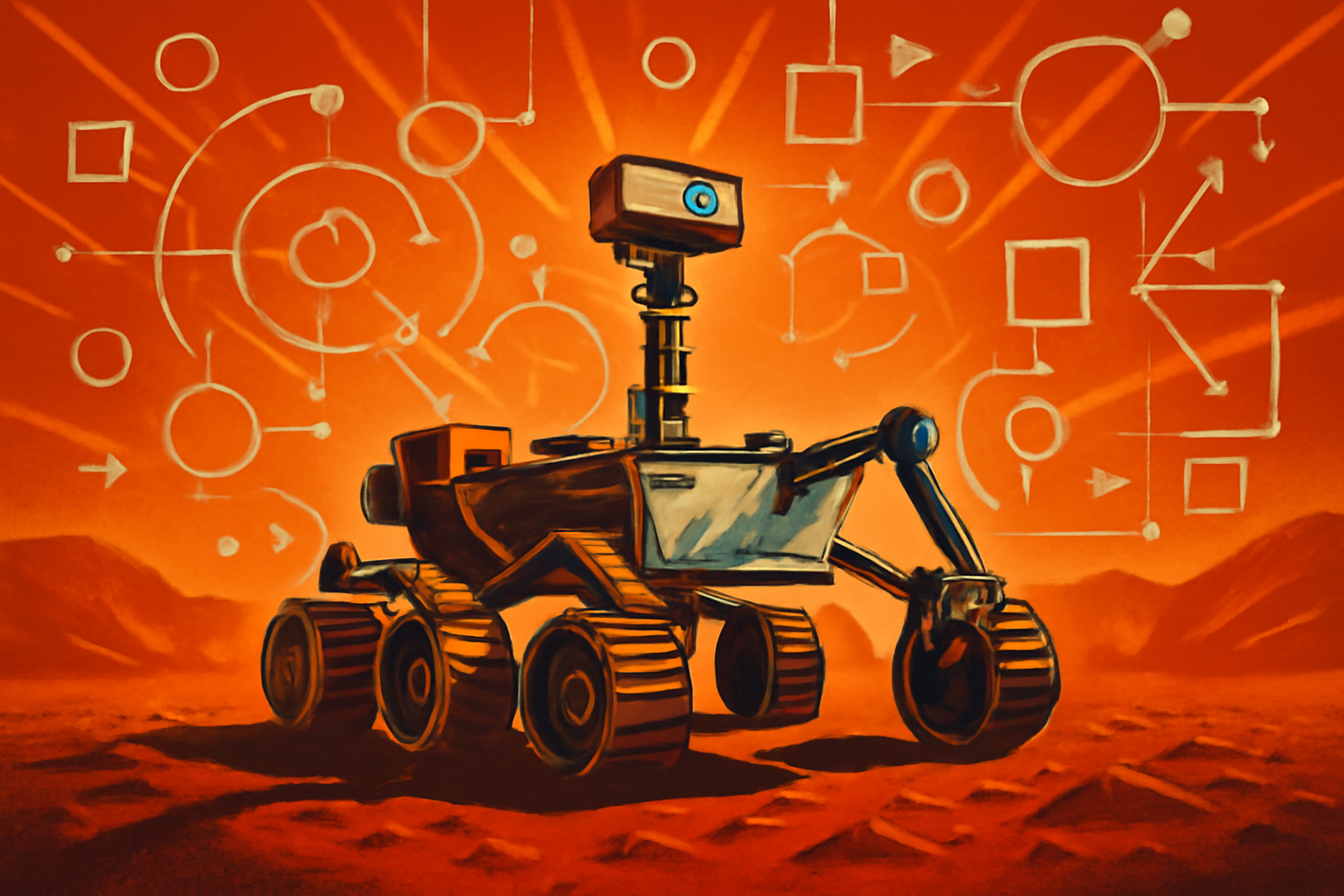 The NASA Perseverance rover drives across the rocky Martian surface with digital AI navigation lines visible on the ground ahead of its wheels.