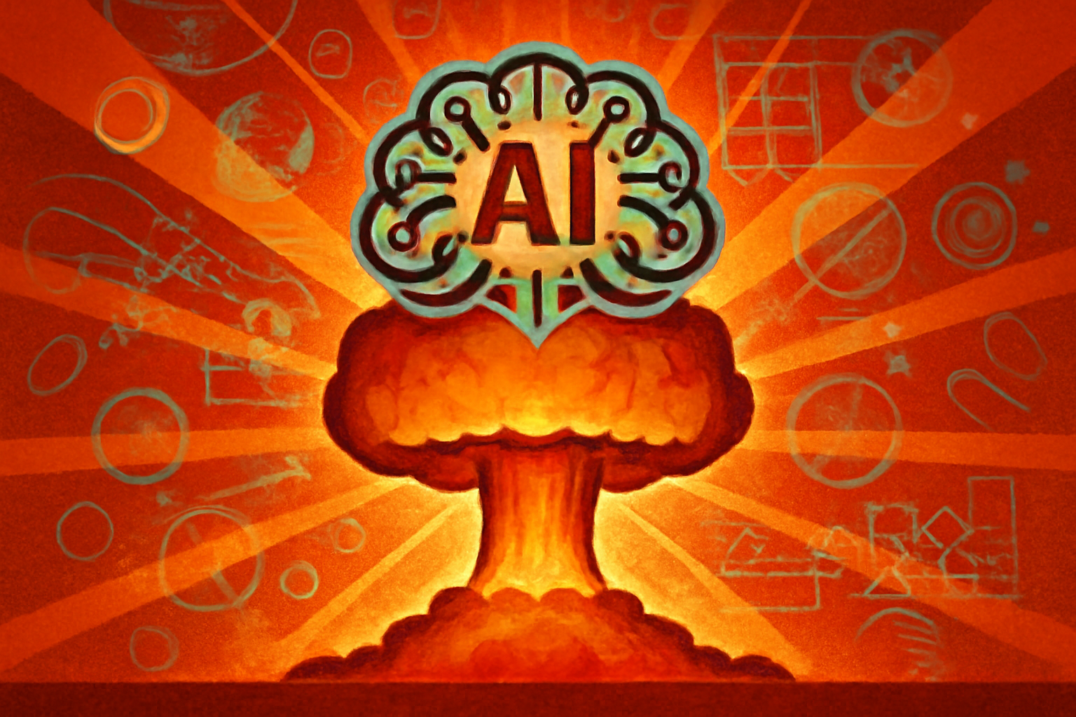 A conceptual editorial image showing a world map integrated with digital circuitry, symbolizing global AI governance and nuclear-scale risks.