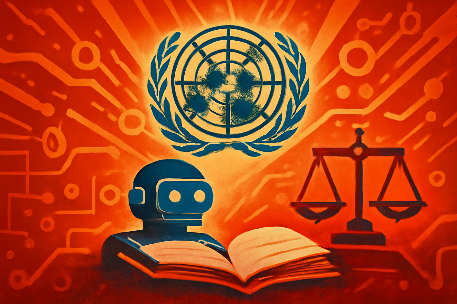 A high-level diplomatic meeting at the United Nations in Geneva with international attendees discussing global AI governance and safety regulations.