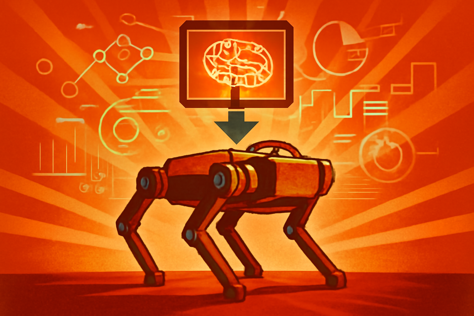 A four-legged robot walks across a simulated rocky terrain in a research lab, illustrating the Diffusion-MPC AI system's real-time adaptability.