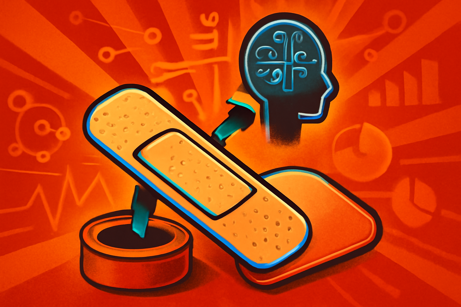 A medical drug patch on a white surface with a computer monitor showing AI neural network diagrams and physics formulas in the background.
