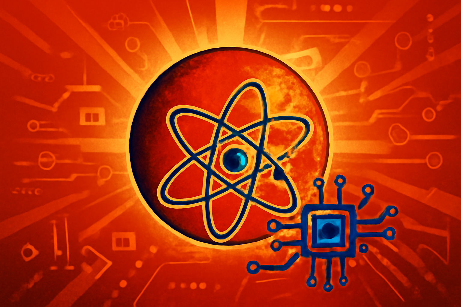 An editorial illustration showing two neutron stars merging in a cosmic collision, with glowing data lines representing an AI simulation of heavy element formation.