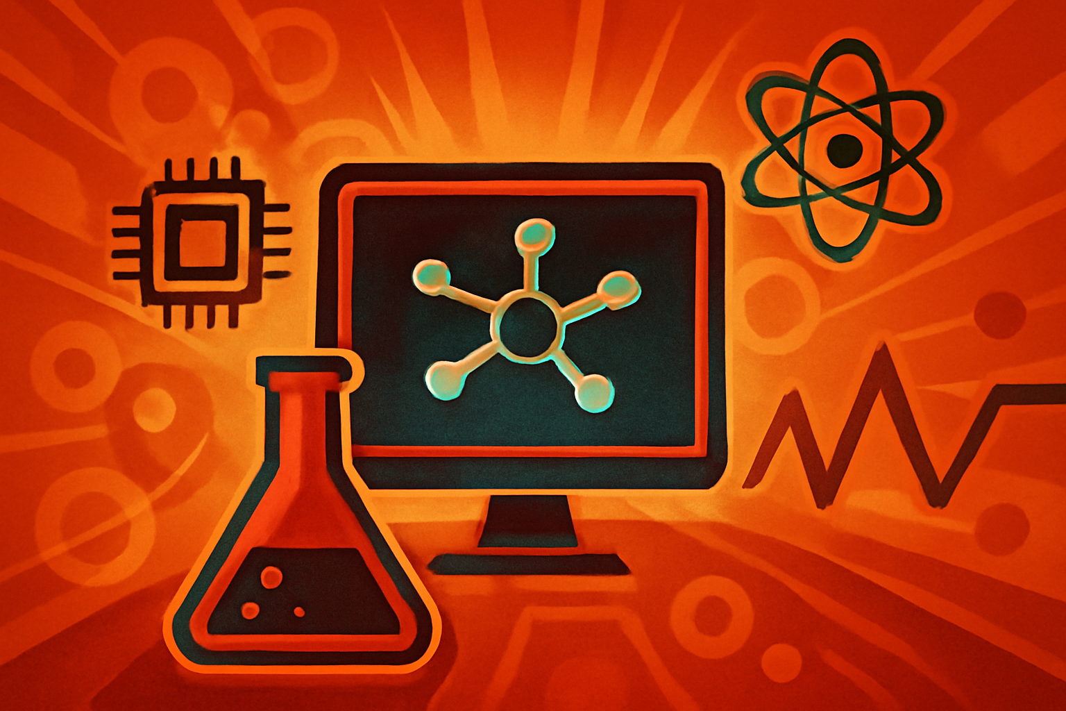 A futuristic digital display of 3D molecular structures and chemical symbols glowing in a dark research laboratory setting with supercomputer racks in the background.