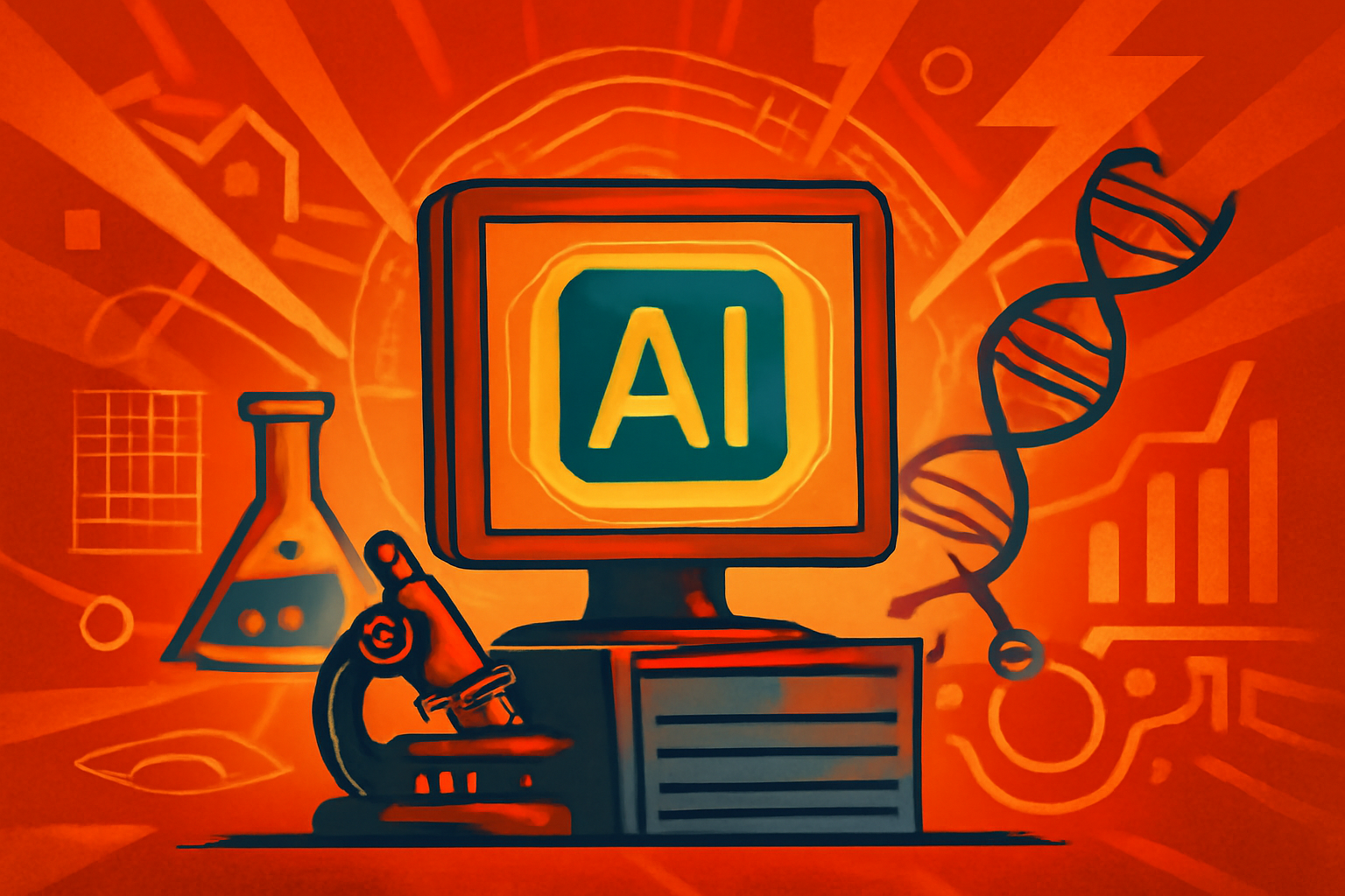 A futuristic laboratory with a large digital screen displaying biological data visualizations and 3D molecular models, representing the Biomni AI system in use.