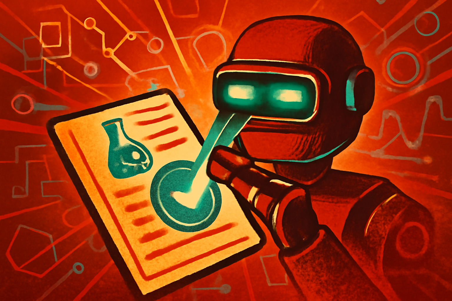 An editorial illustration of a robotic hand reviewing a scientific document with a magnifying glass showing digital errors.