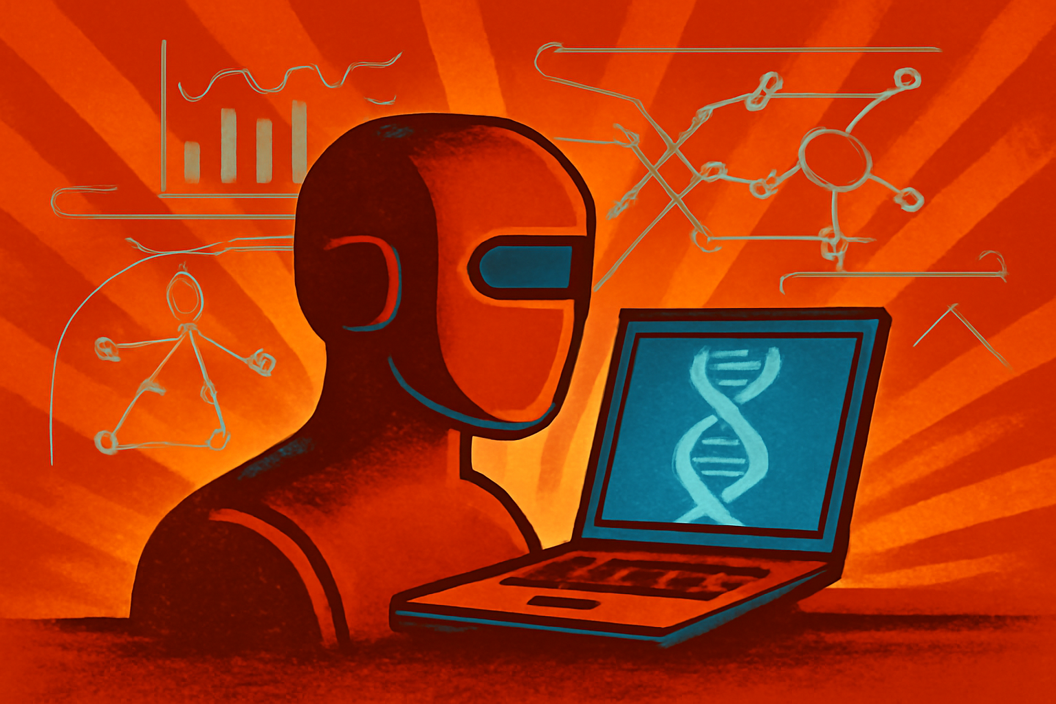 A scientist in a modern laboratory looking at a computer screen that displays complex genomic data and colorful DNA visualizations.