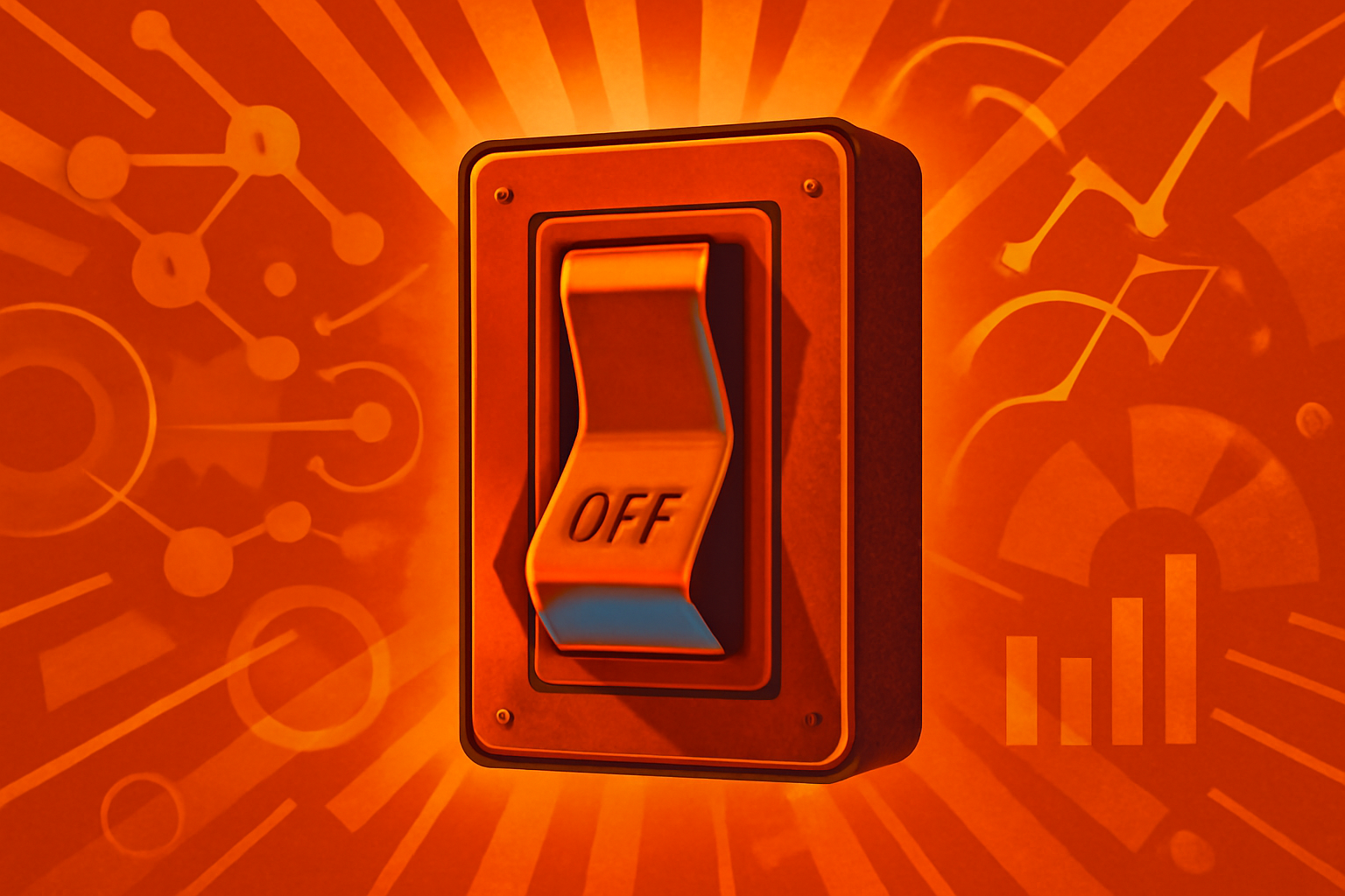 A conceptual image of a large red emergency stop button positioned over digital financial data charts and trading screens, representing AI kill switches.