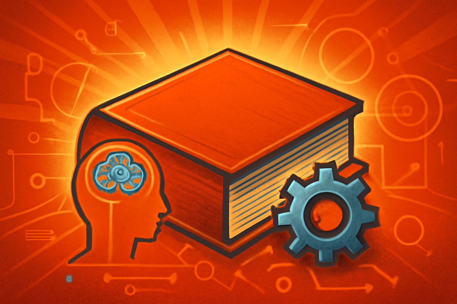 An open book on a desk with a holographic brain hovering above it, illustrating the divide between digital logic and organic human intuition.