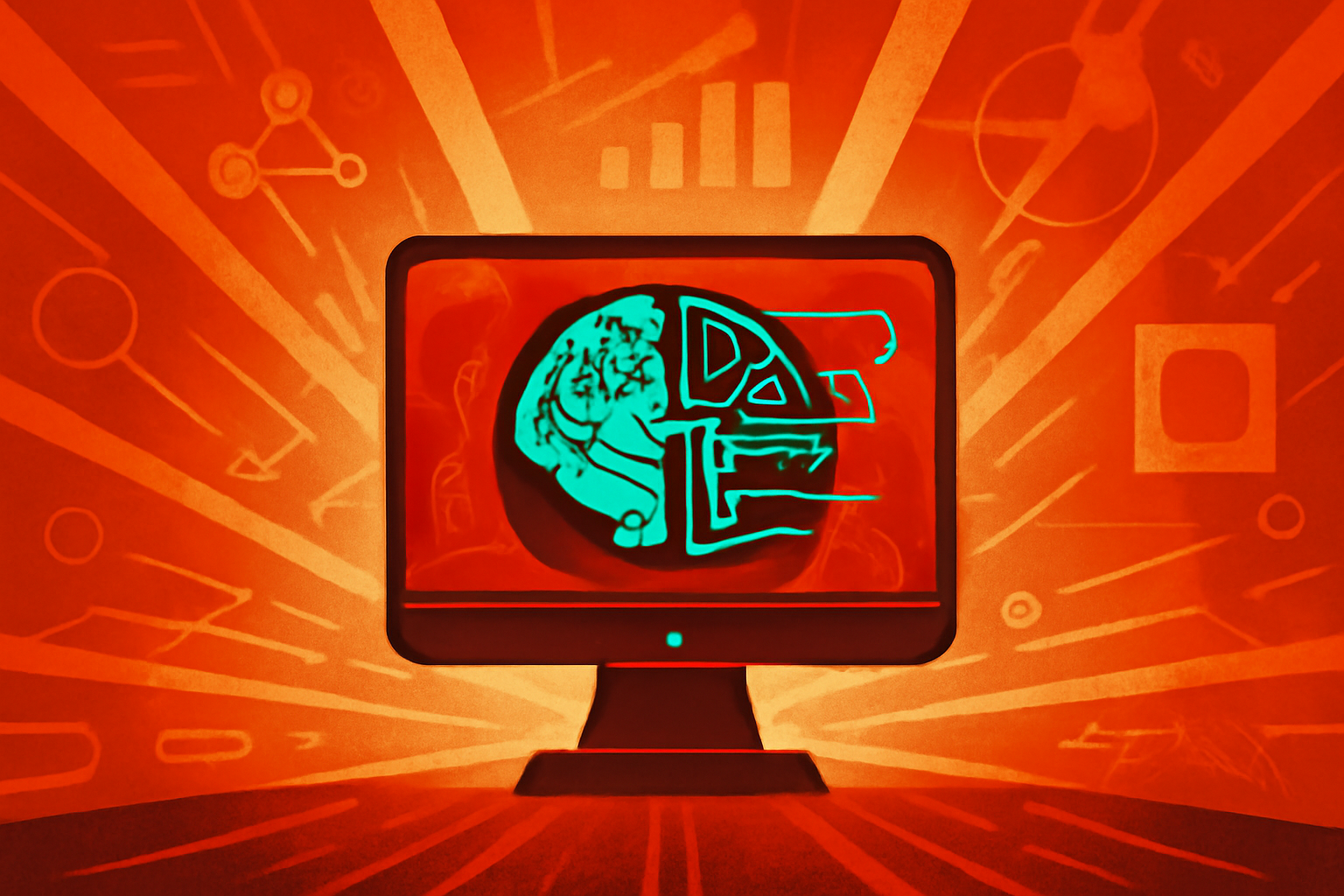 A digital representation of AI neutrality showing multiple computer screens with weighted scales, representing political bias, and one central screen showing a perfectly balanced scale.