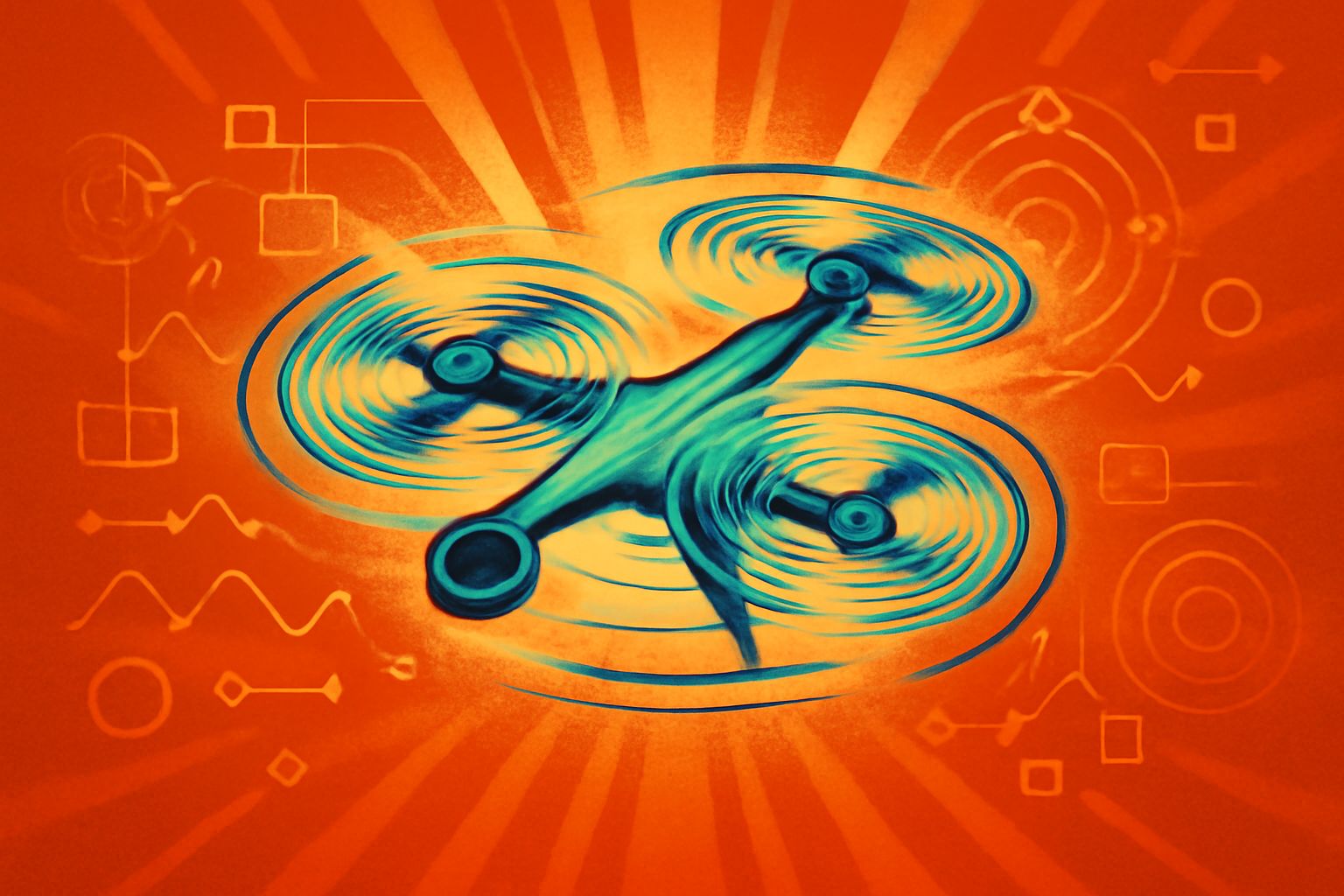 A high-speed photograph of the Phantom Twist drone spinning in the air, exhibiting motion blur that makes it blend into a forest background.