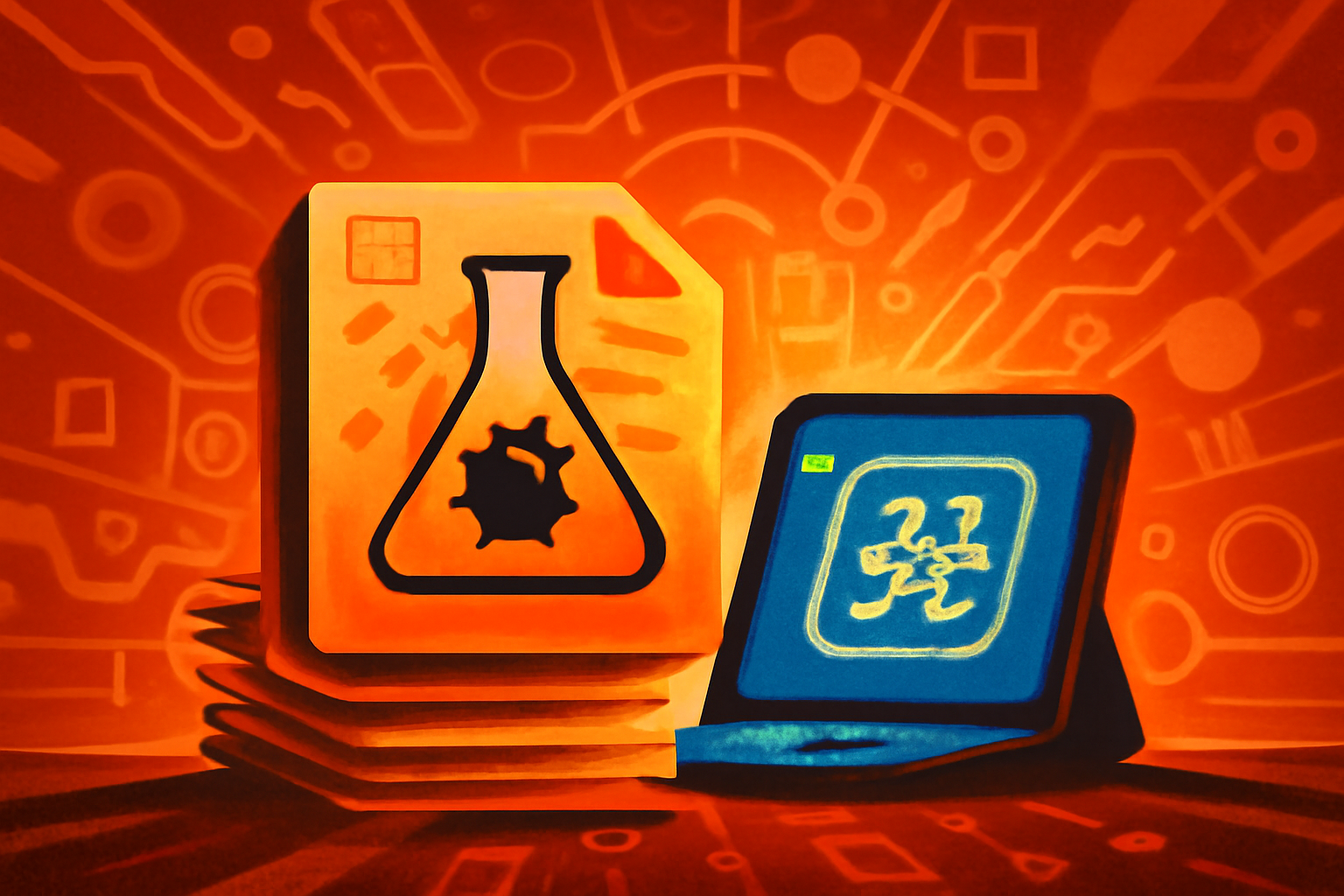 A digital magnifying glass scans medical research papers where suspicious text is highlighted in red by an AI interface.