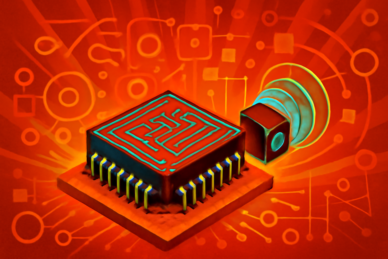 A close-up view of a specialized lidar-on-a-chip microchip with glowing circuit patterns and light beams, representing advanced robotic vision technology.