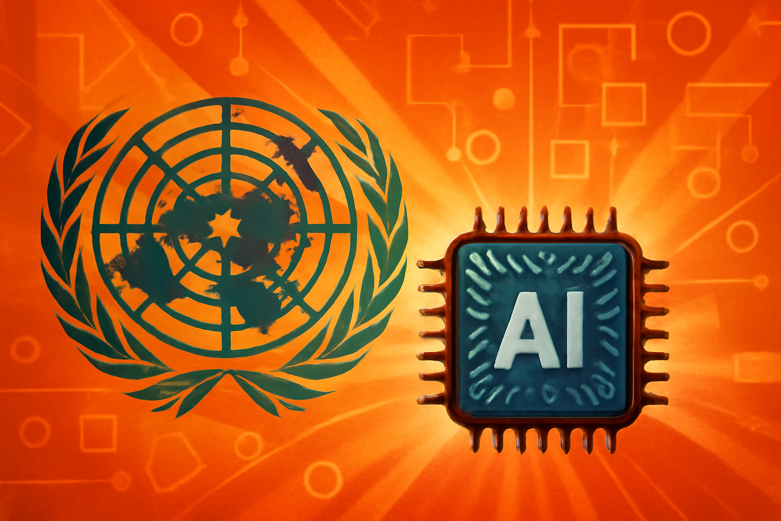 A United Nations assembly hall in Geneva featuring delegates and a large screen displaying a digital globe with neural network overlays.