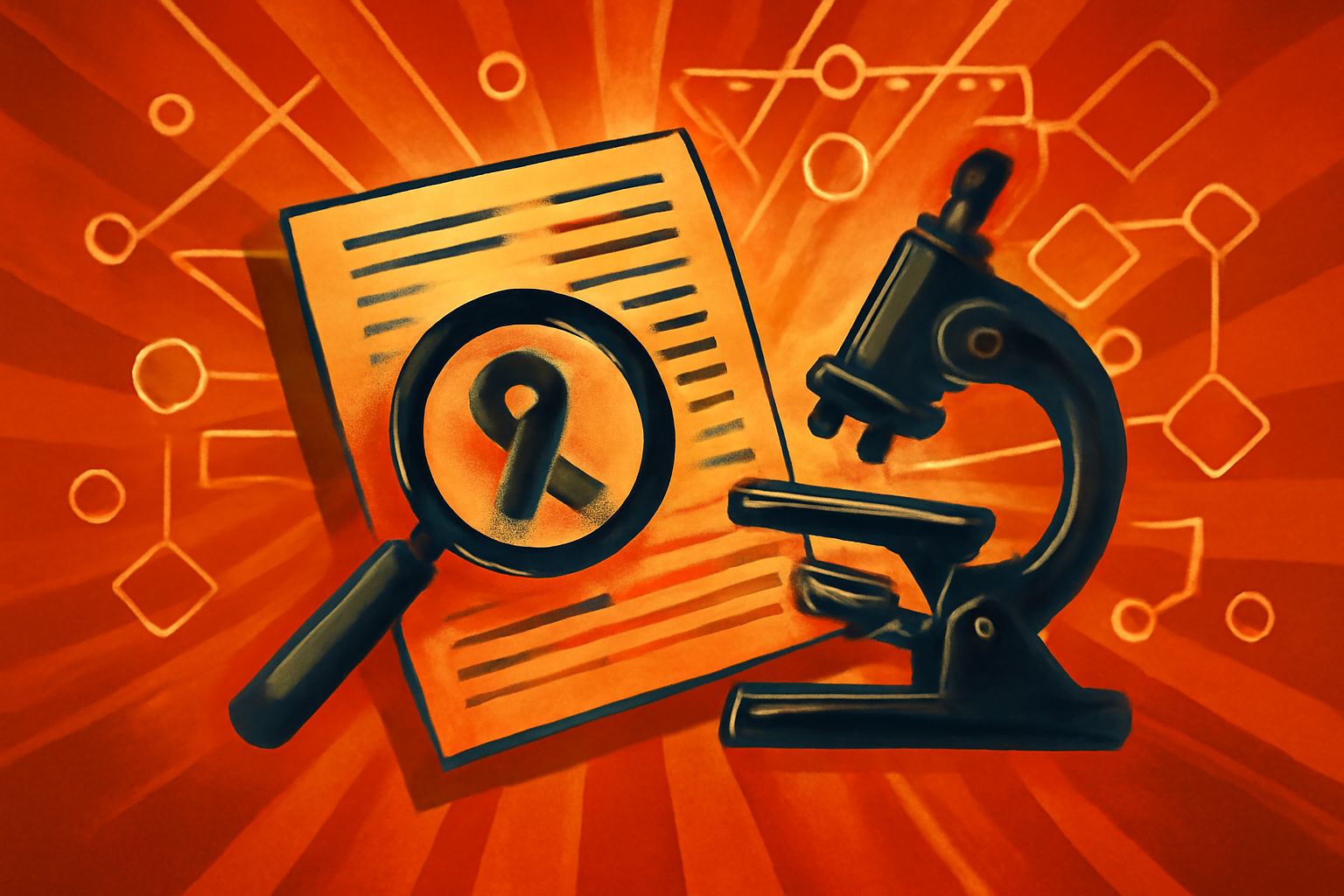 An editorial illustration showing a digital interface where a magnifying glass highlights suspicious sections of research papers in red. The image represents the use of AI to detect fraud in medical studies.