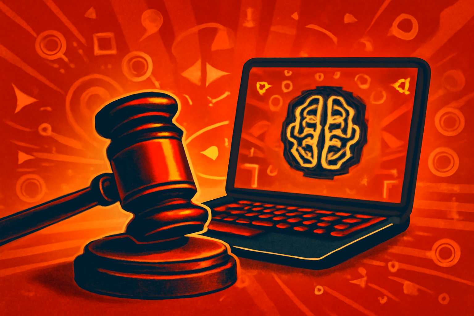 A courtroom desk featuring a computer screen displaying legal text, a wooden gavel, and stacks of law books, representing the integration of AI in the Pakistani judicial system.