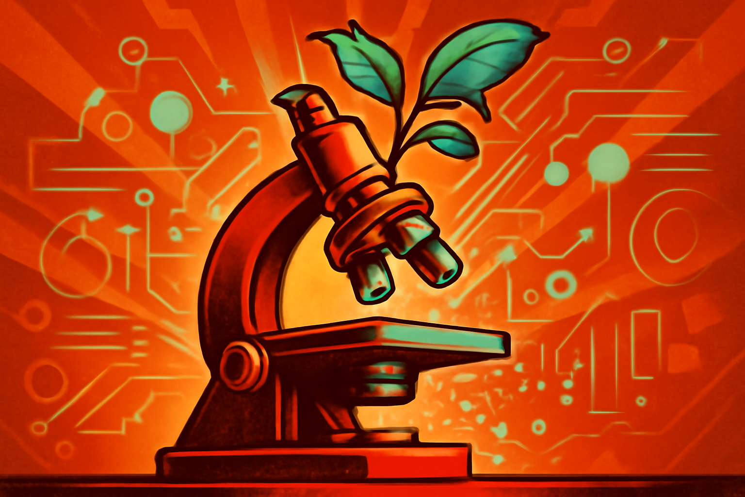 A vintage 1950s electron microscope experiencing a digital glitch with glowing nonsensical text appearing in the foreground.