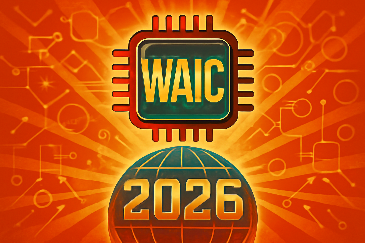 A wide shot of the World Artificial Intelligence Conference 2026 entrance in Shanghai, featuring futuristic digital displays and attendees in professional attire.