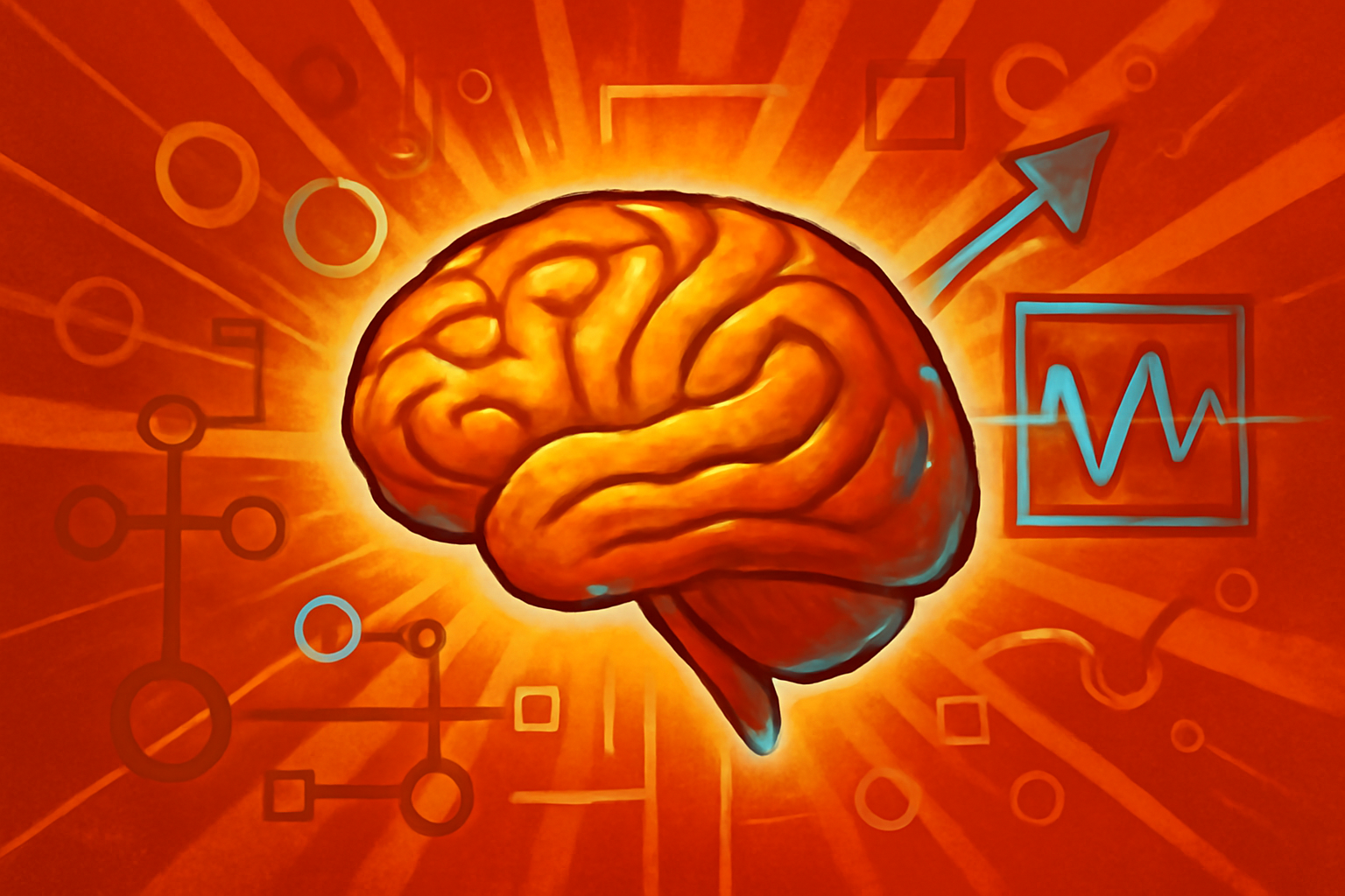 A digital rendering of a human brain showing glowing interconnected neural networks and feedback loops representing rapid decision-making processes.