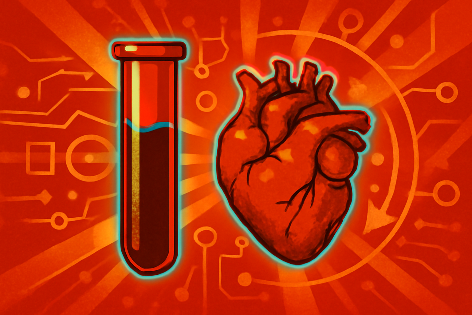 A scientist in a lab holds a blood sample vial while a computer screen in the background shows health data and protein analysis.