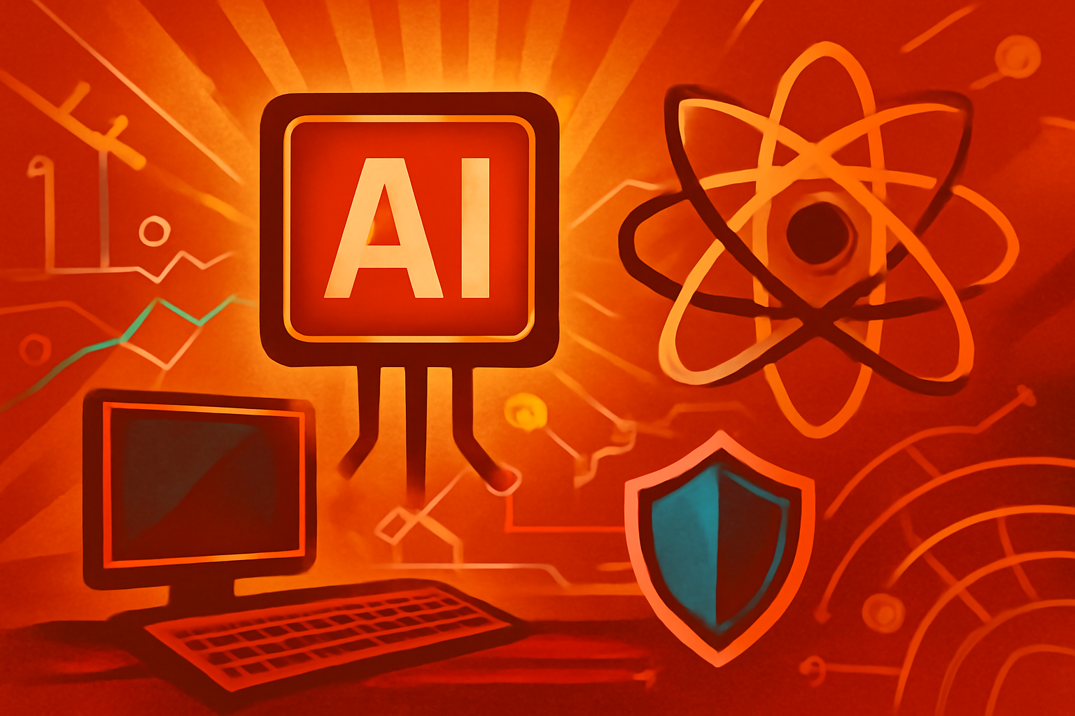A minimalist editorial illustration featuring a glowing digital shield symbol positioned in front of a blue-toned representation of a neural network.