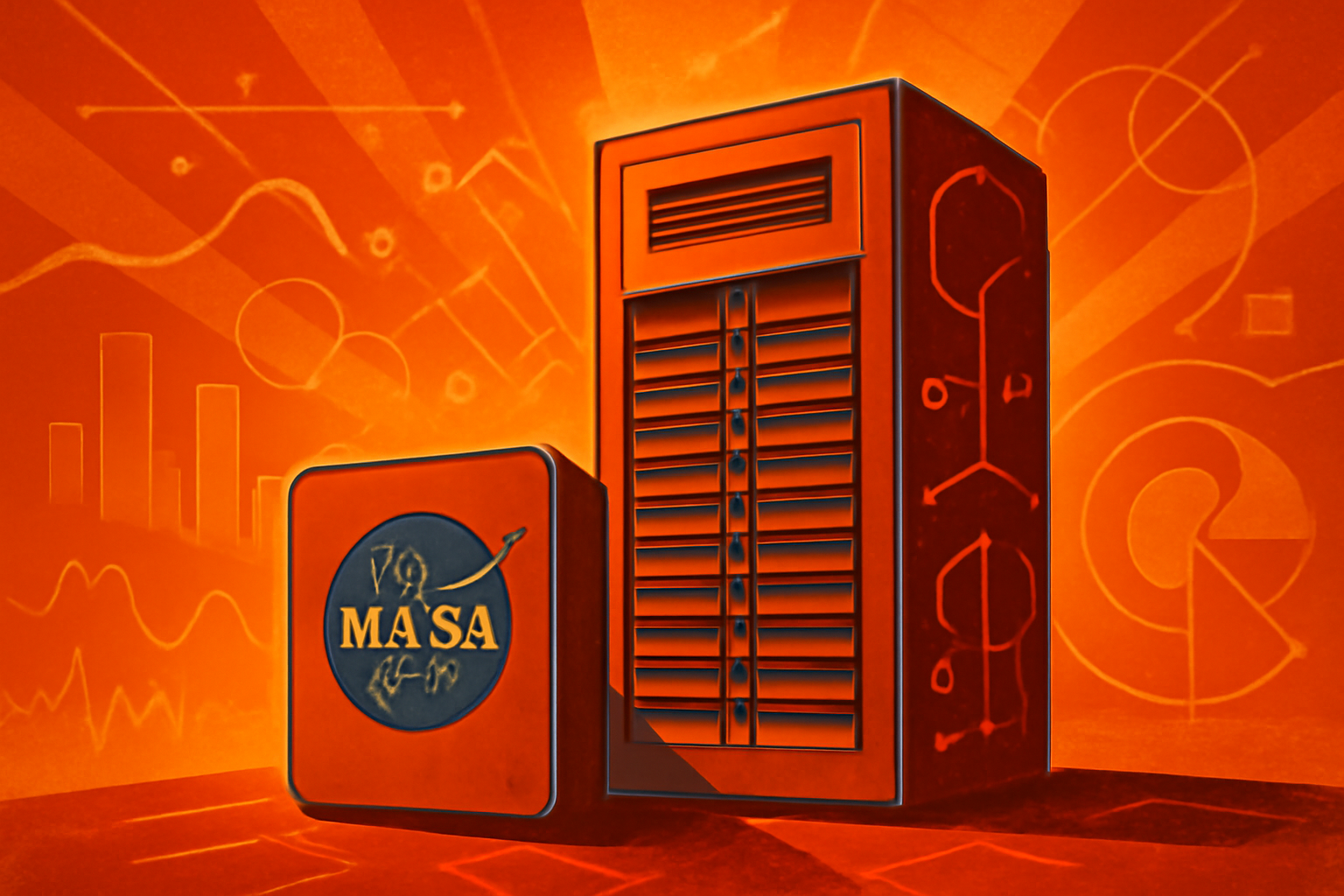 A high-tech server room at a supercomputing center with digital weather patterns and data nodes overlaid on the server racks.
