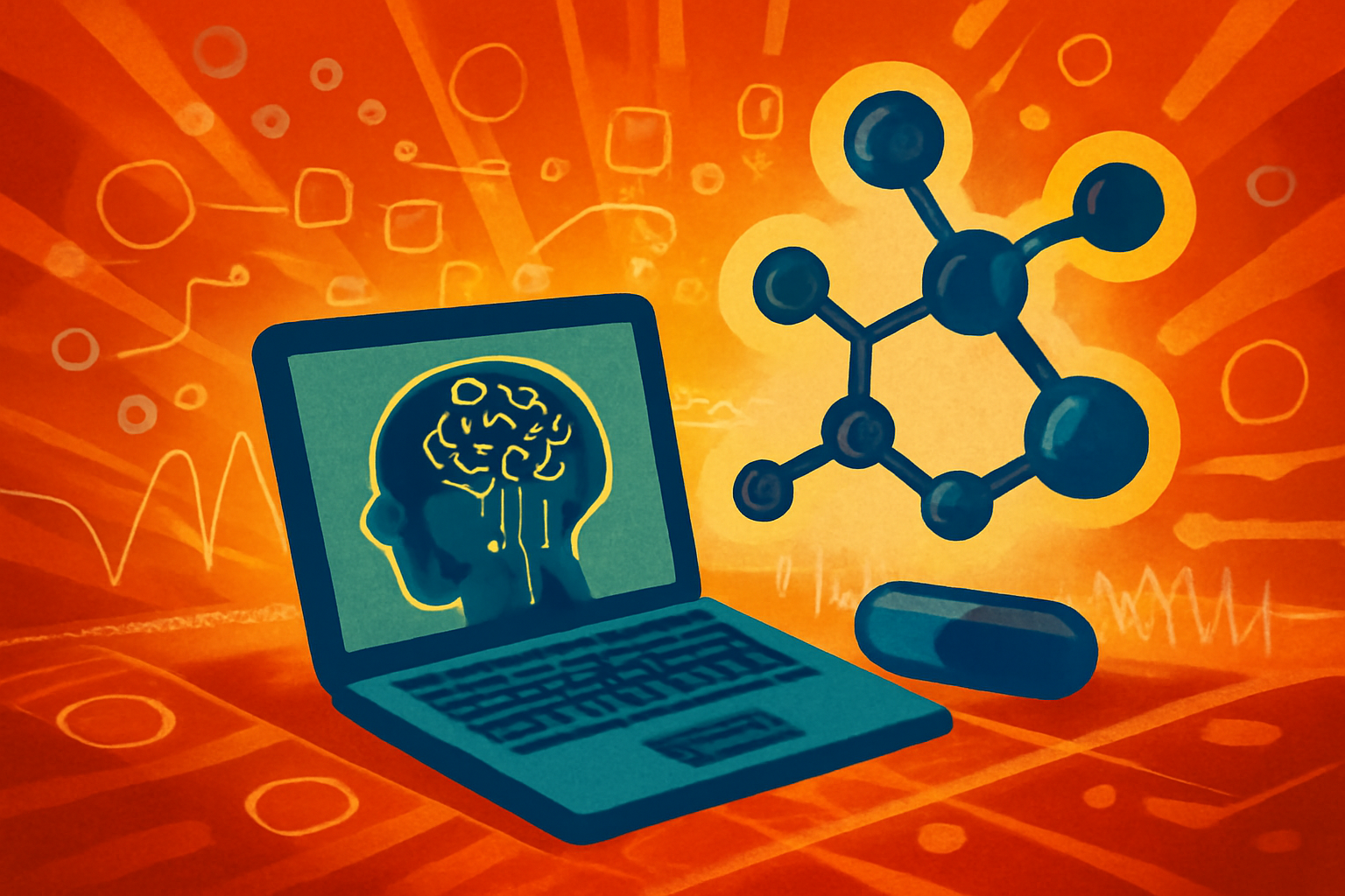 A digital 3D model of a complex protein structure and various chemical molecules displayed on a laboratory monitor, representing AI drug discovery technology.