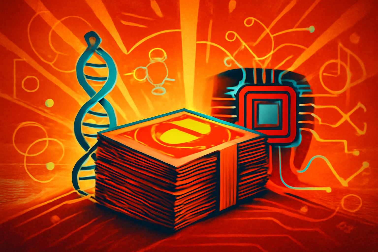 A digital visualization of molecular structures overlaid with computer data patterns in a laboratory setting.