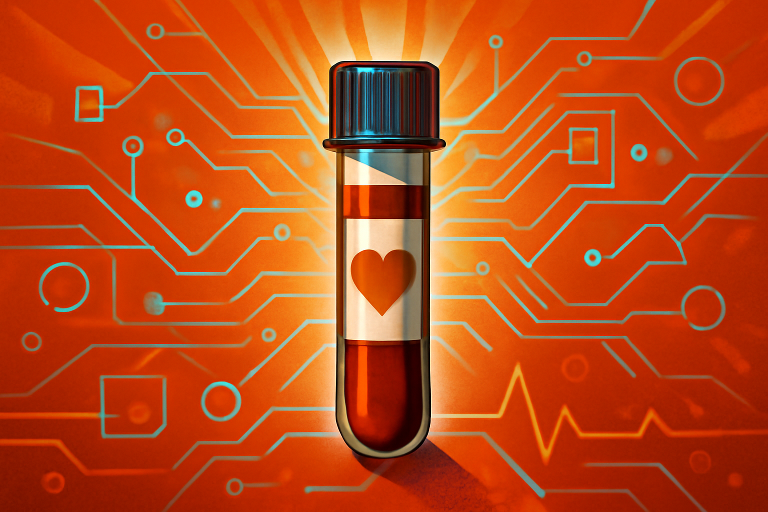 A digital medical display showing cardiovascular health data next to a blood sample vial in a modern laboratory environment.