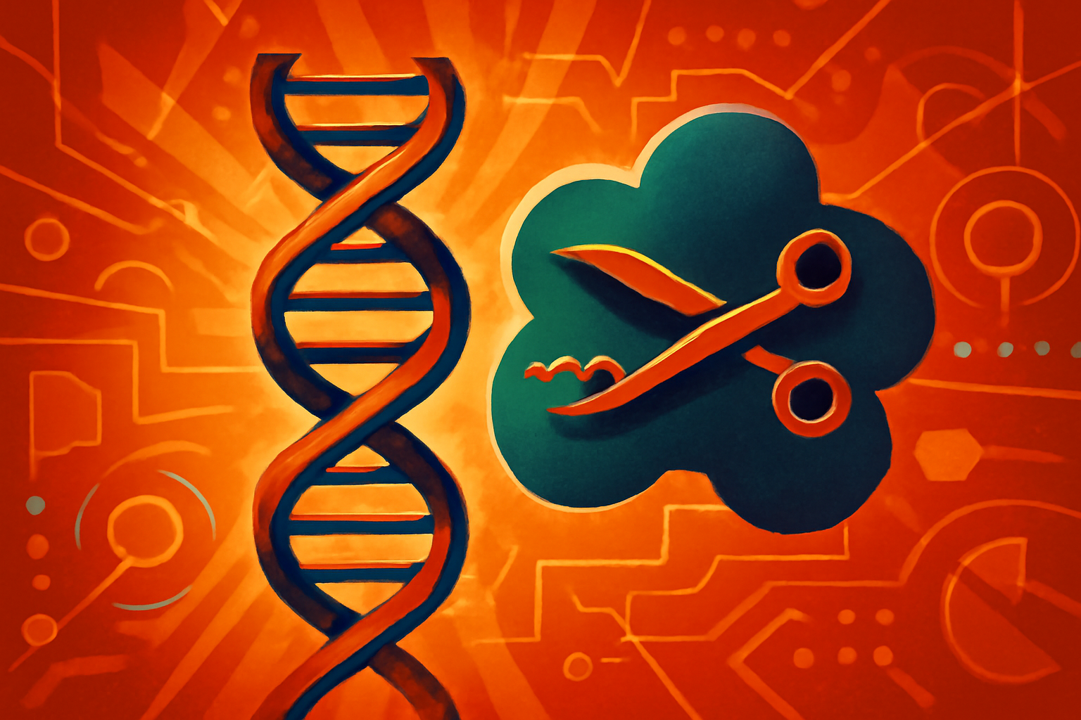 A digital illustration showing a DNA strand being edited by a synthetic enzyme, with computer data screens in the background.