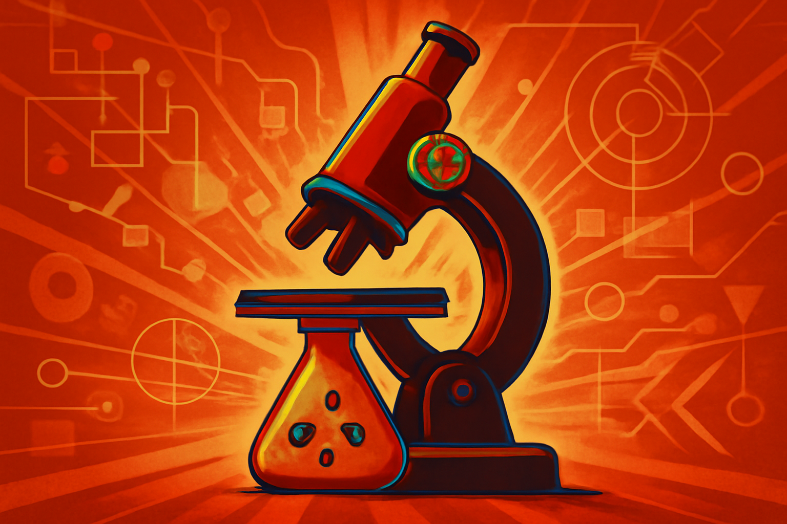 A modern laboratory setting featuring high-precision robotic arms working alongside computer monitors displaying complex data visualizations and molecular structures.