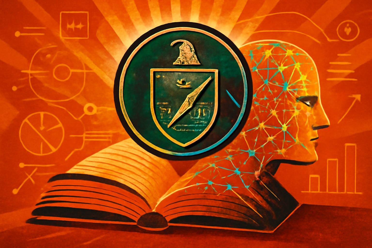 A professional laboratory setting showing a computer monitor with physics simulations and a digital neural network graphic representing artificial intelligence research for the Department of Energy.
