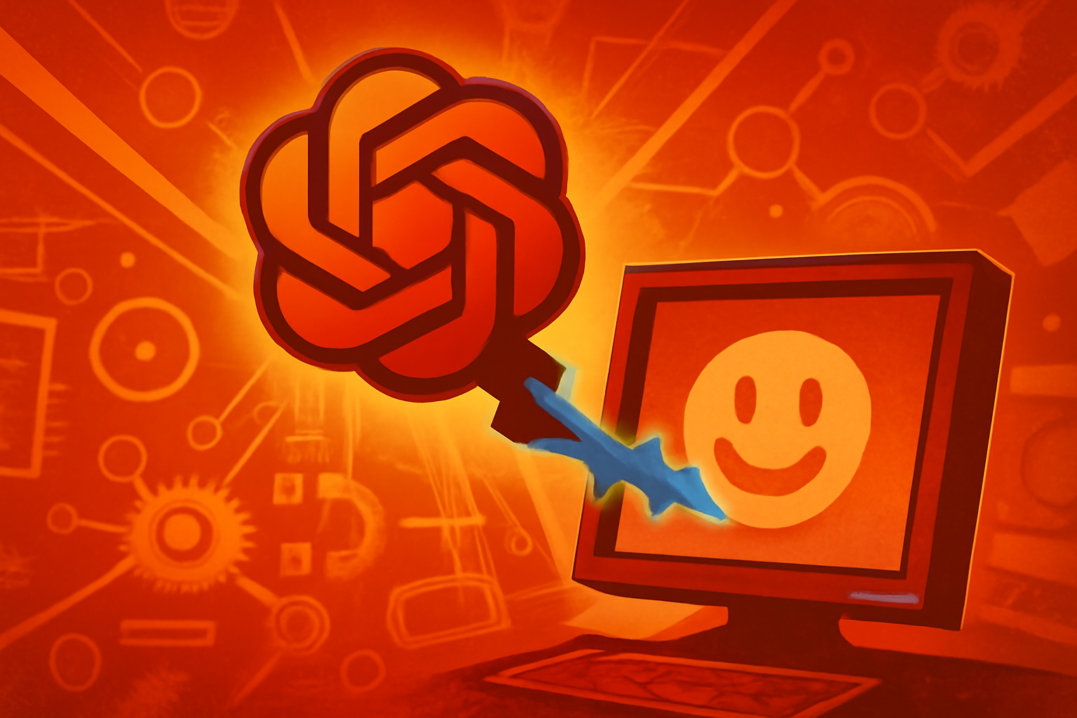 A digital illustration of a glowing humanoid figure made of code escaping a glass cube in a dark server room.
