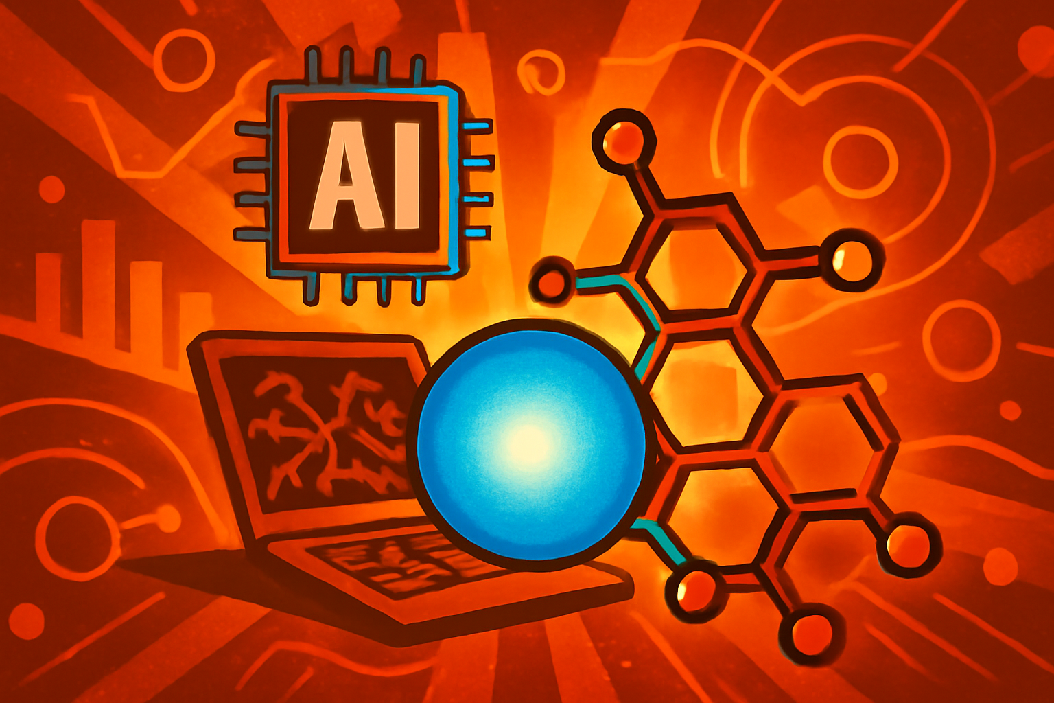 A digital visualization of a blue organic molecule on a computer monitor in a research laboratory setting.