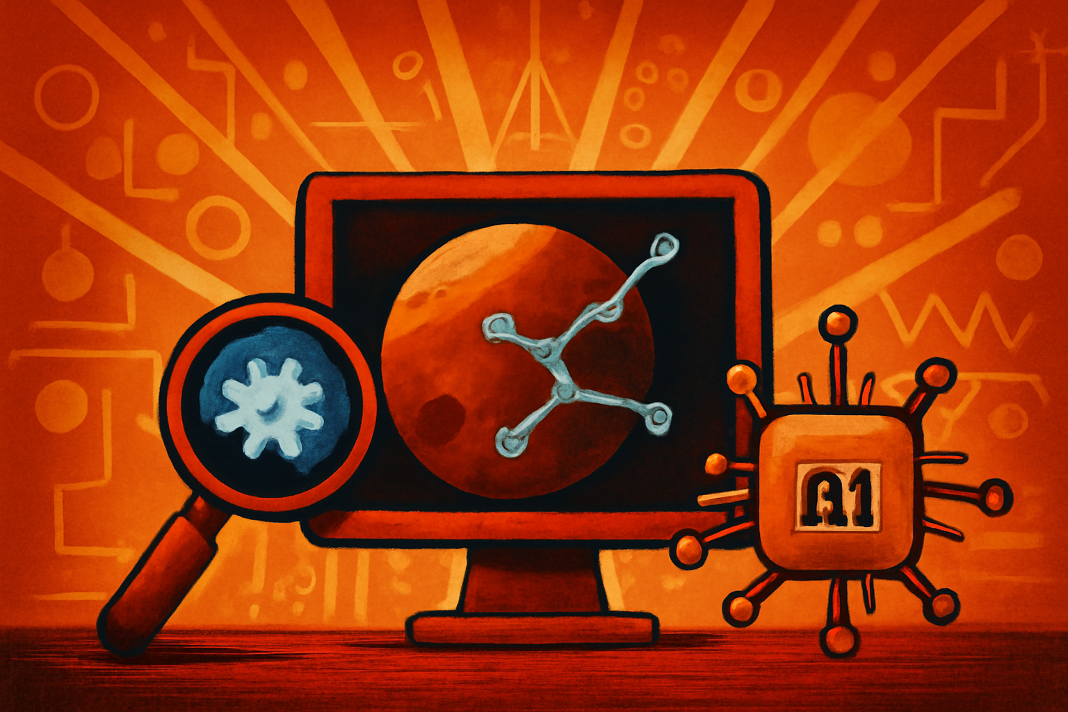 A computer monitor in a dark laboratory displays colorful 3D models of chemical molecules next to data analysis charts, representing AI's role in space biology.