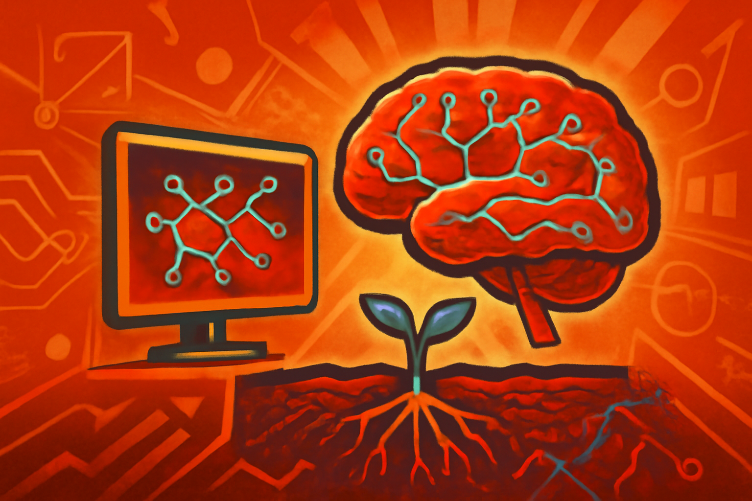 A computer monitor displaying a neural network visualization overlaid on a 3D soil sample with visible plant roots in a laboratory environment.