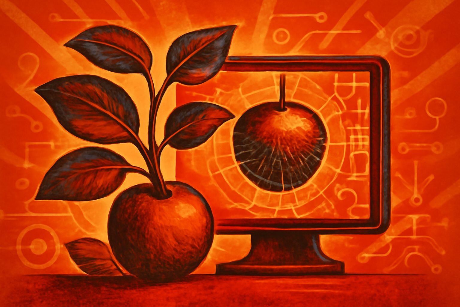 An orchard tree with a digital overlay showing glowing 3D wireframe models of apples that are hidden behind the green leaves.