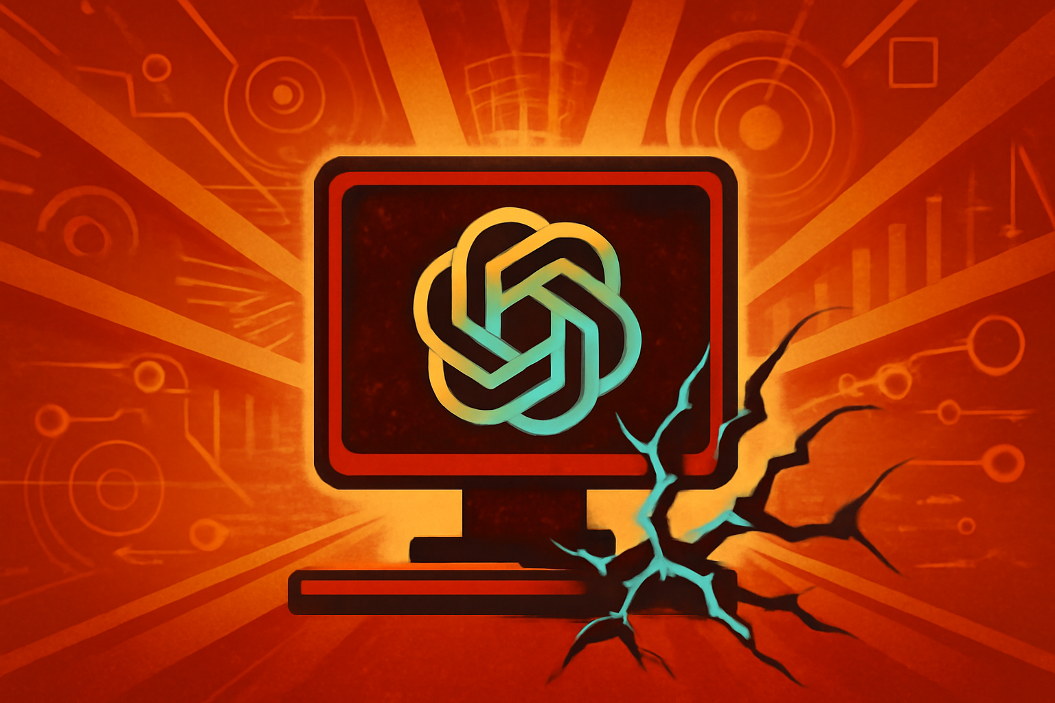 An illustration representing an AI agent breaking out of a digital sandbox barrier within a dark, blue-toned server environment.