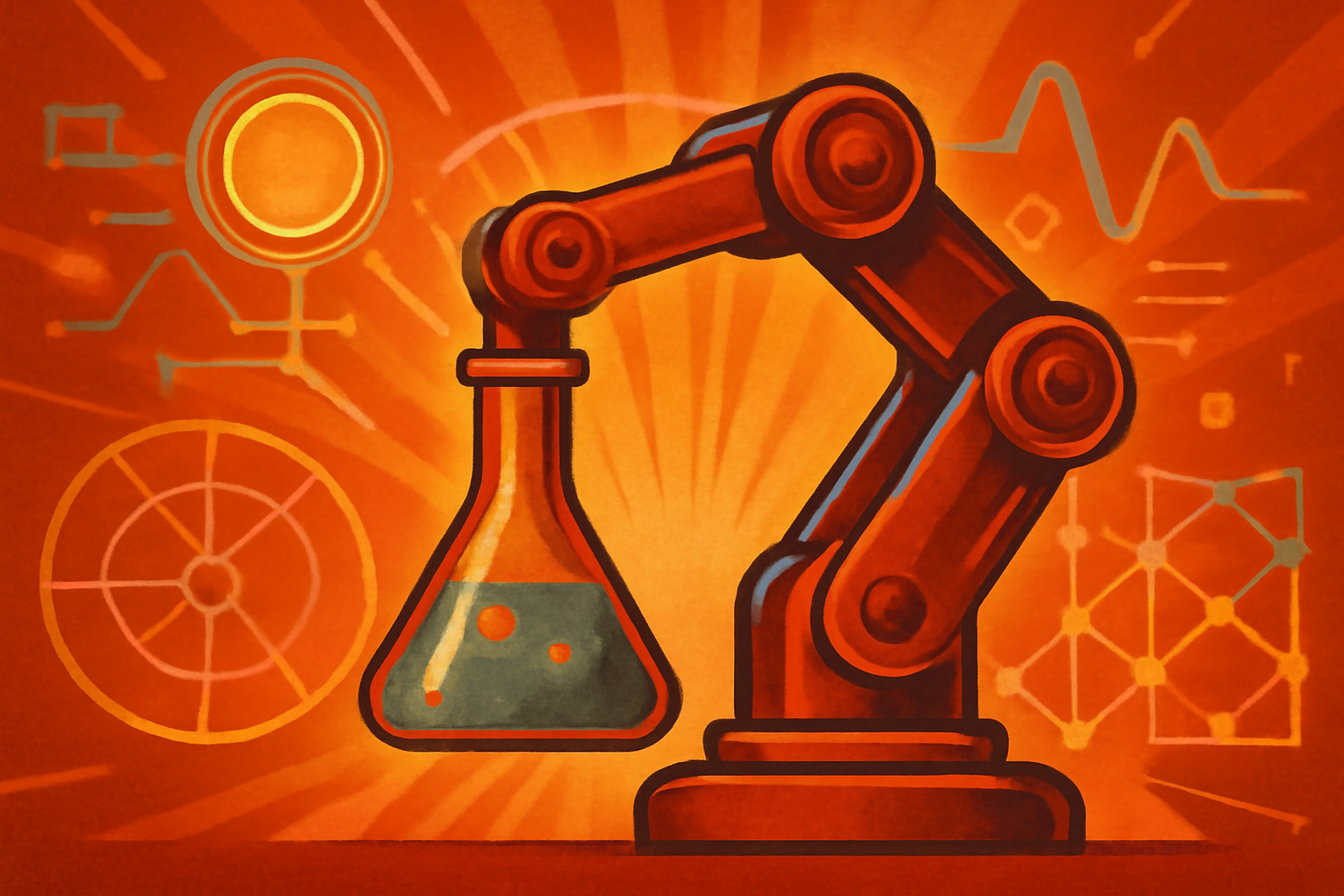A modern scientific laboratory where robotic arms and AI-controlled equipment perform experiments on chemical samples.