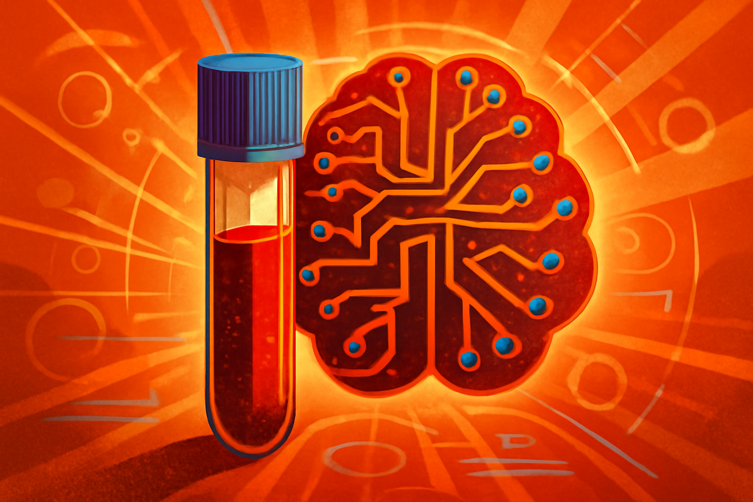 A digital tablet in a medical laboratory displays data visualizations of neural networks next to laboratory equipment.