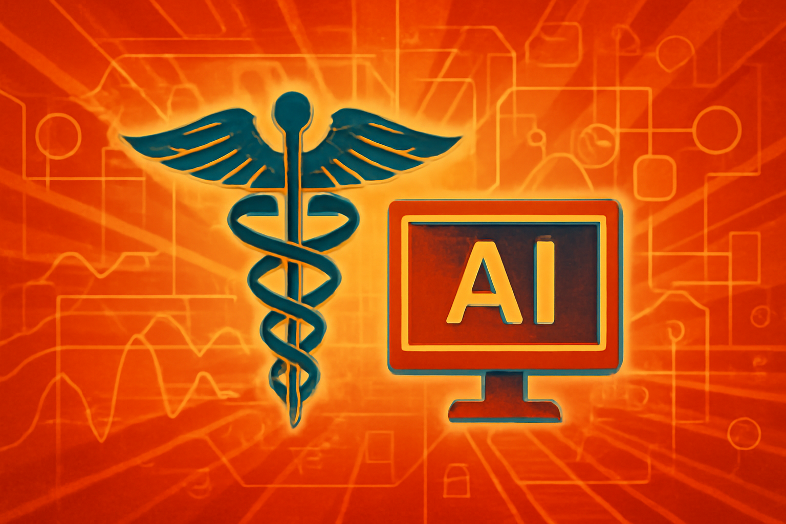 A physical therapist assists a patient in a modern medical facility while a digital interface displays skeletal motor control data, representing human-AI cooperation in healthcare.