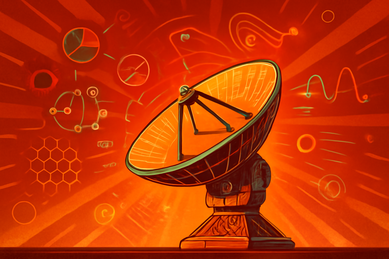 A group of large satellite dishes from the ALMA telescope array in a high-altitude desert setting under a starry sky, with stylized digital data waves representing radio frequency analysis.