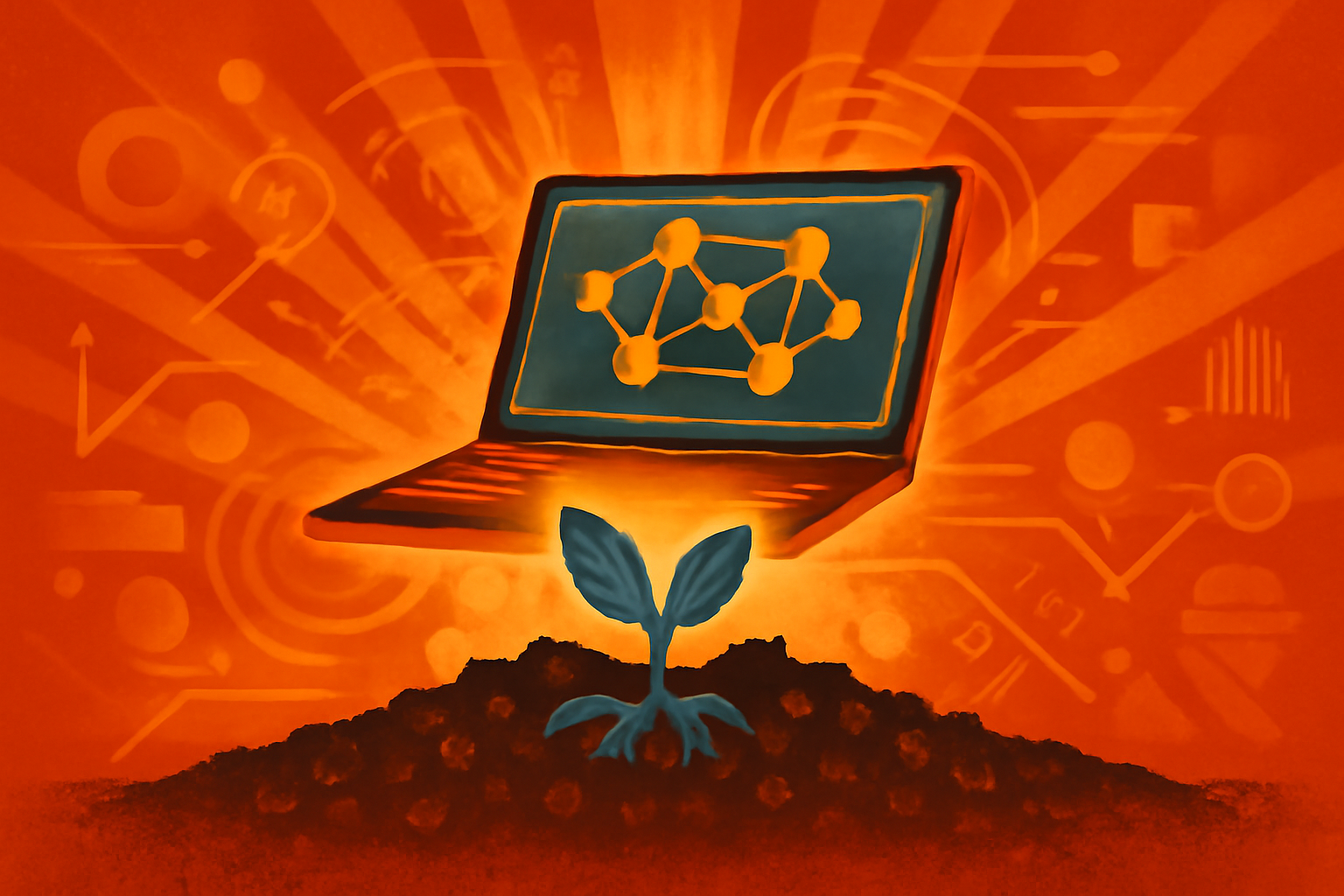 A scientific illustration showing a digital glowing network of data points and lines integrated into a cross-section of dark soil and plant roots.