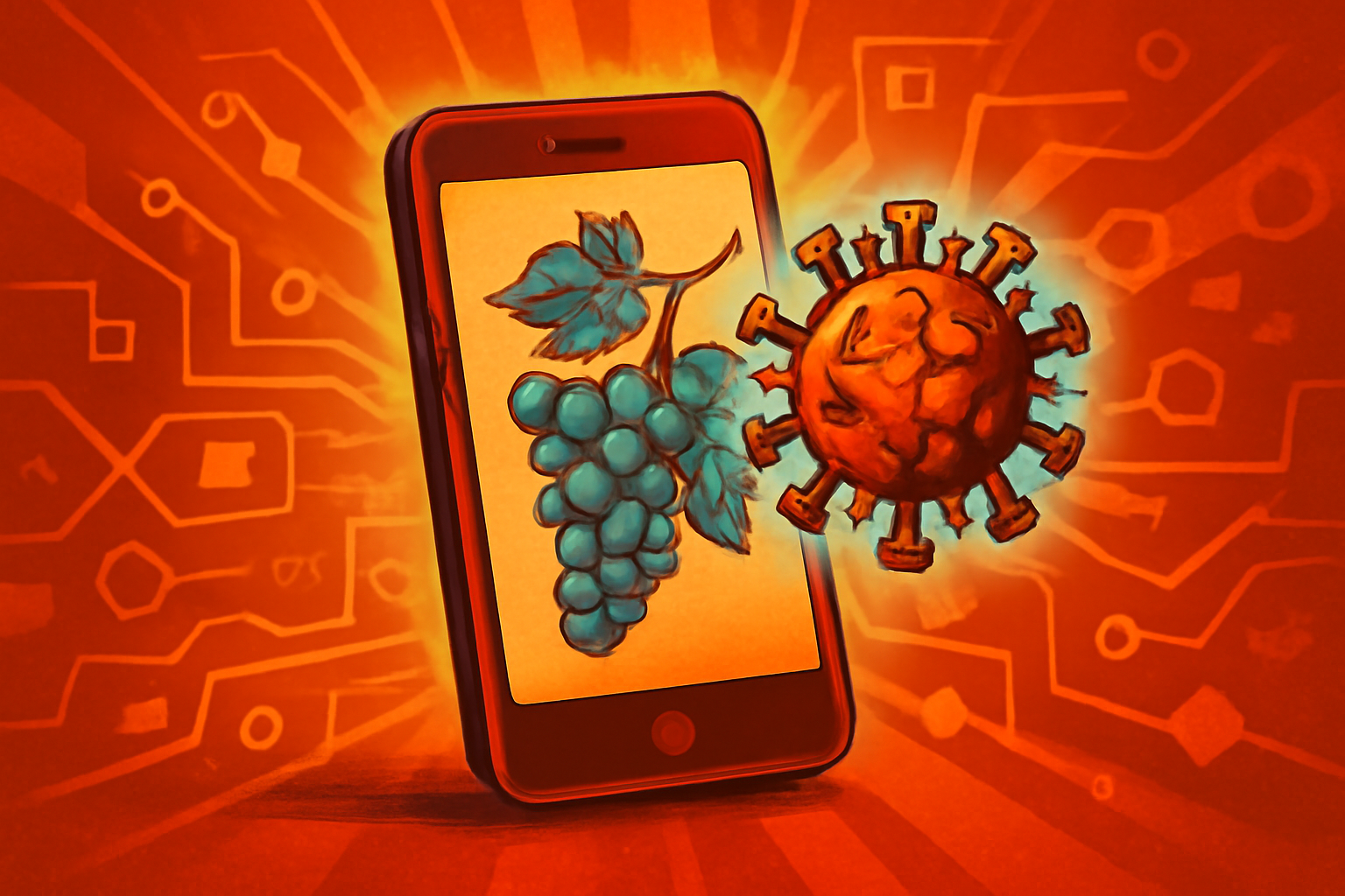 A person uses a smartphone to scan a green grapevine leaf in a sunny vineyard, demonstrating AI-powered virus detection technology.